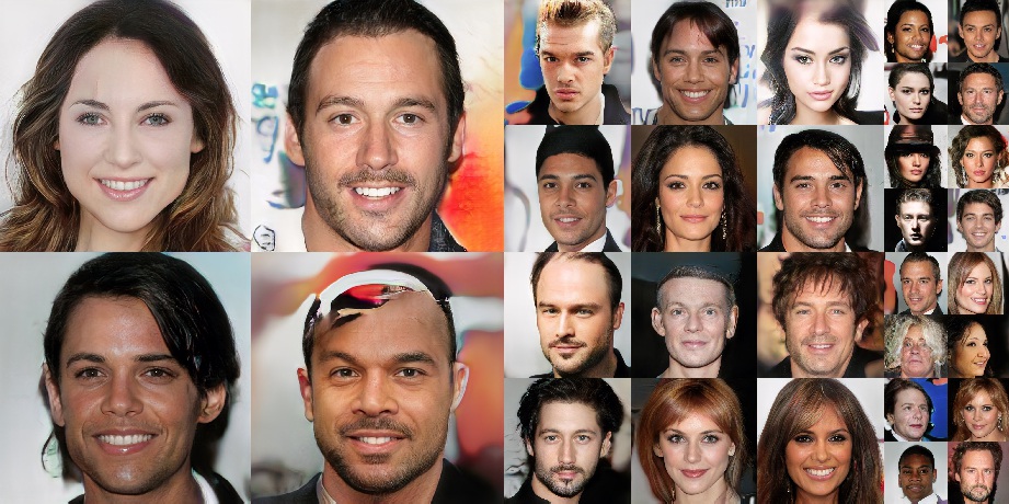 Example of GAN generating pictures of fake celebrities (see 2018 ICLR NVidia paper here [https://goo.gl/AgxRhp]